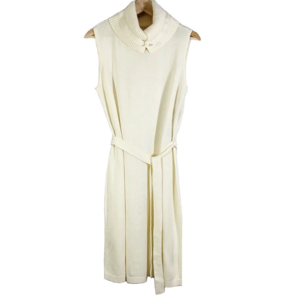NWT Calvin Klein Foldover Collar Knit Dress Sleeveless Belted Cream Sz L